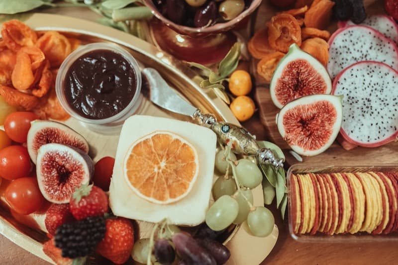 Overhead view of a full cheese and charcuterie grazing board for an Adelaide Hills wedding